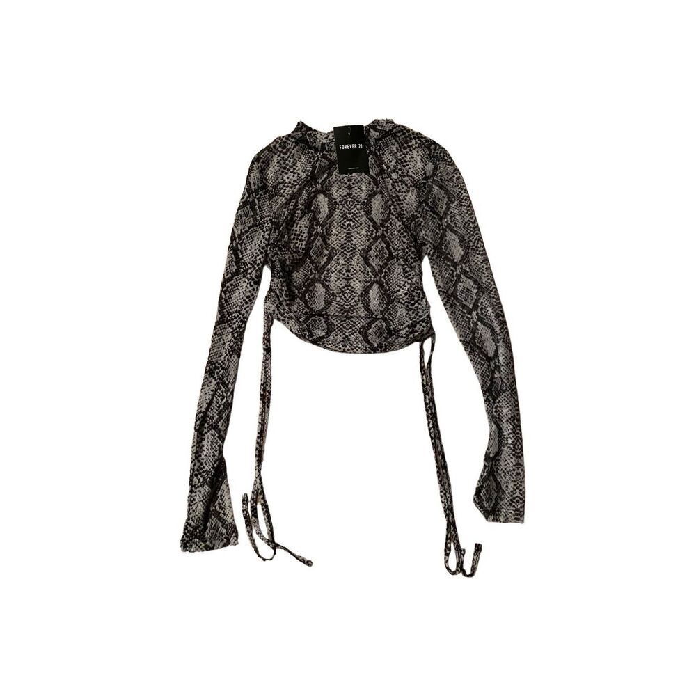 NWT Forever 21 Sheer Long Sleeve Snake Print Knit Crop Top Black/White Size Larg